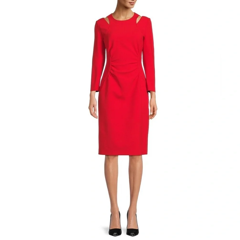 HUGO BOSS Dadeka Slim-fit Long-Sleeved Dress Cut-Out Details Black 12 NEW $495 - Picture 2 of 3